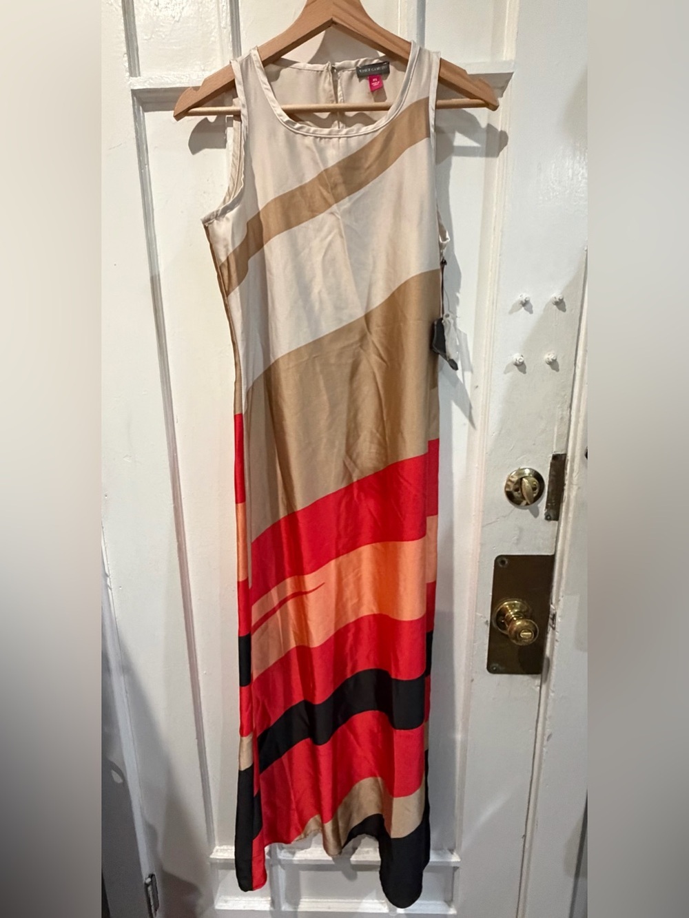 Vince Camuto Cream, Tan, Red & Black Striped Maxi Dress
